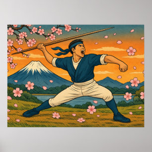 Póster del guerrero japonés con lanza y Monte Fuji