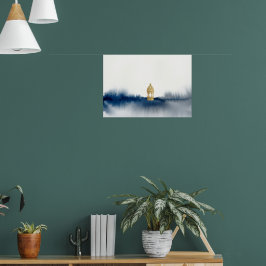 Póster del horizonte acuarela azul dorado
