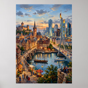Póster del horizonte de la ciudad moderna del río