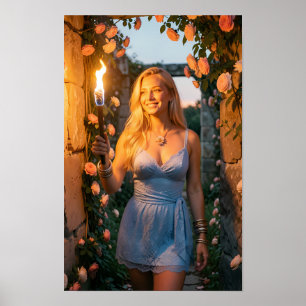 Póster del jardín iluminado con antorchas de la gr