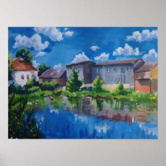 Póster del lago escénico y campo