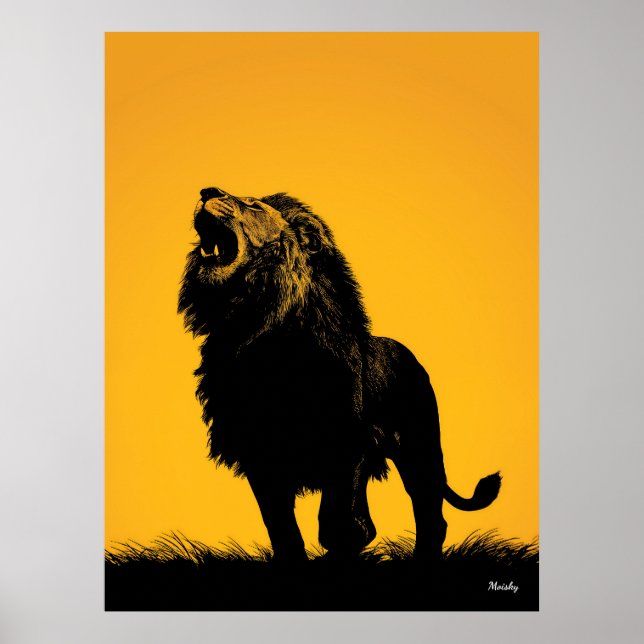 Póster del León Rugiente – Silueta Negra sobre Ama (Frente)