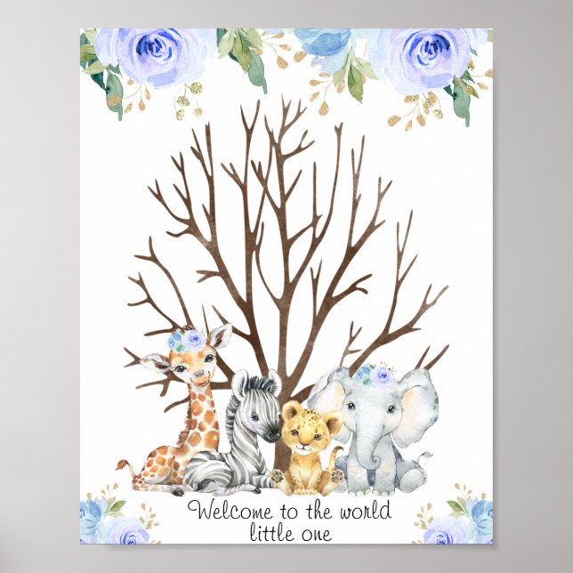 Poster del libro de visitas Blue Floral Safari Fin (Frente)