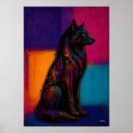 Póster del lobo negro expresionista en campos de c