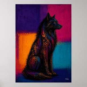 Póster del lobo negro expresionista en campos de c