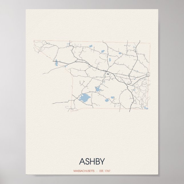 Póster del mapa de la calle de Ashby, Massachusett (Frente)