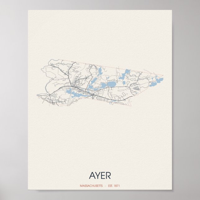 Póster del mapa de la calle de Ayer, Massachusetts (Frente)