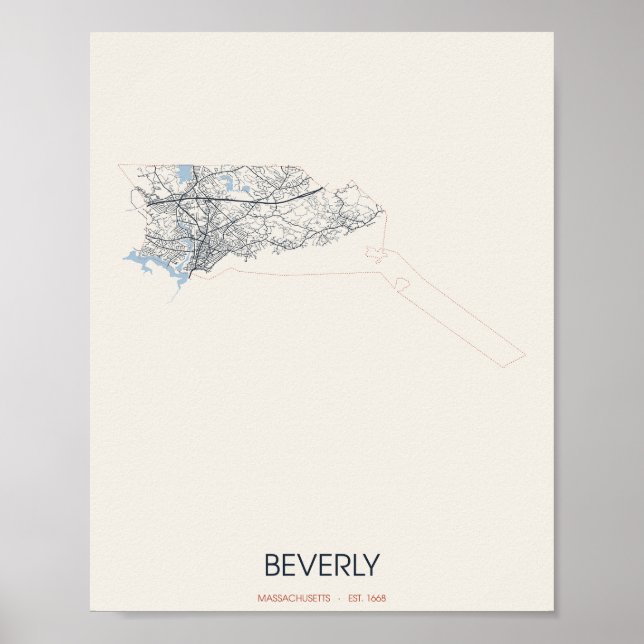 Póster del mapa de la calle de Beverly Massachuset (Frente)