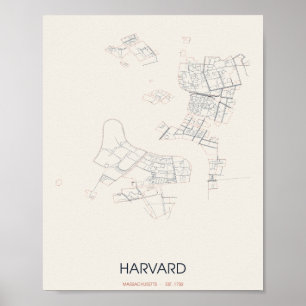 Póster del mapa de la calle de Harvard Massachuset