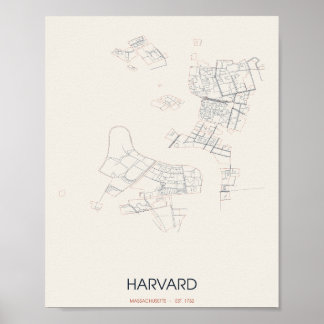 Póster del mapa de la calle de Harvard Massachuset
