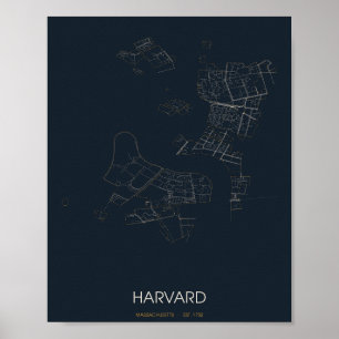 Póster del mapa de la calle de Harvard Massachuset