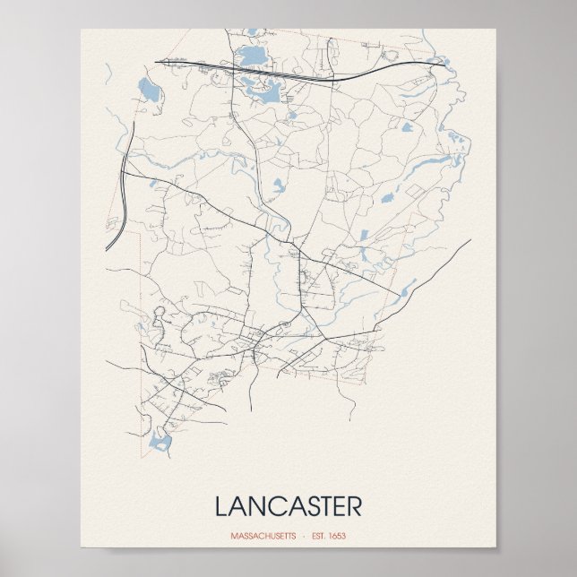 Póster del mapa de la calle de Lancaster Massachus (Frente)