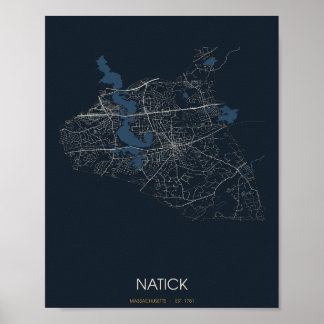 Póster del mapa de la calle de Natick Massachusett