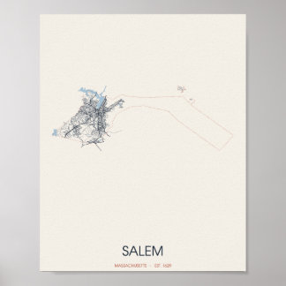 Póster del mapa de la calle de Salem, Massachusett
