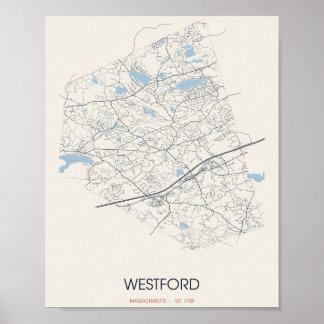 Póster del mapa de la calle de Westford Massachuse