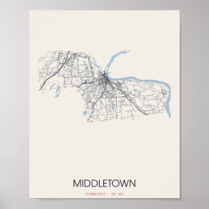 Póster del mapa de la calle Middletown Connecticut