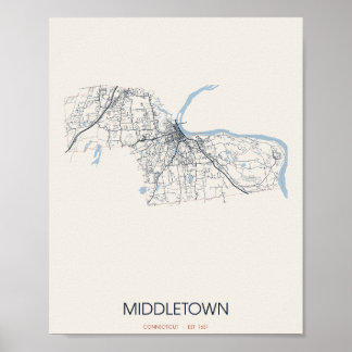 Póster del mapa de la calle Middletown Connecticut