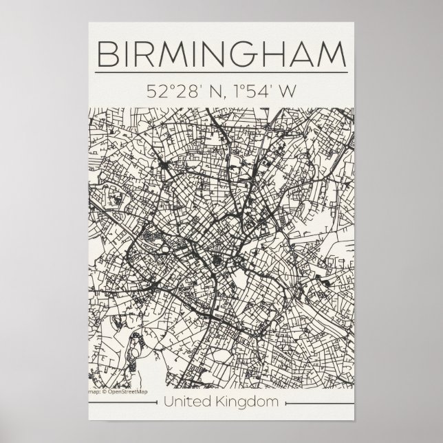 Póster del mapa de la ciudad de Birmingham – Urban (Frente)