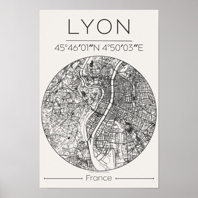 Póster del mapa de la ciudad de Lyon – Arte mural  (Frente)