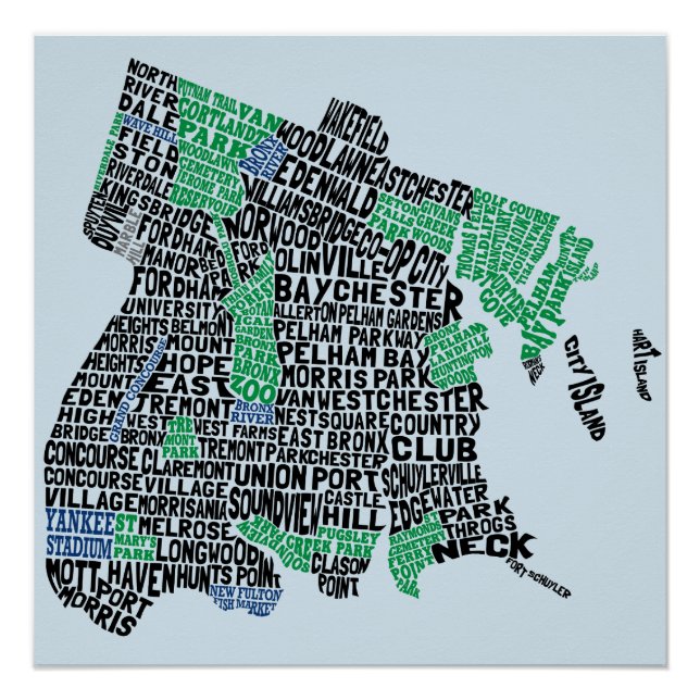 Poster del mapa de la tipografía del Bronx en Nuev (Anverso)