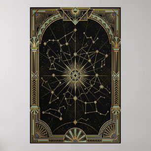 Póster del Mapa Estelar Celestial Art Déco   Verde