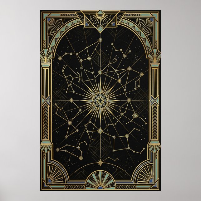 Póster del Mapa Estelar Celestial Art Déco | Verde (Frente)