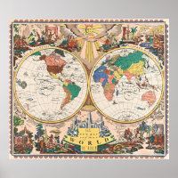 Póster del mapa mundial retro Art Déco