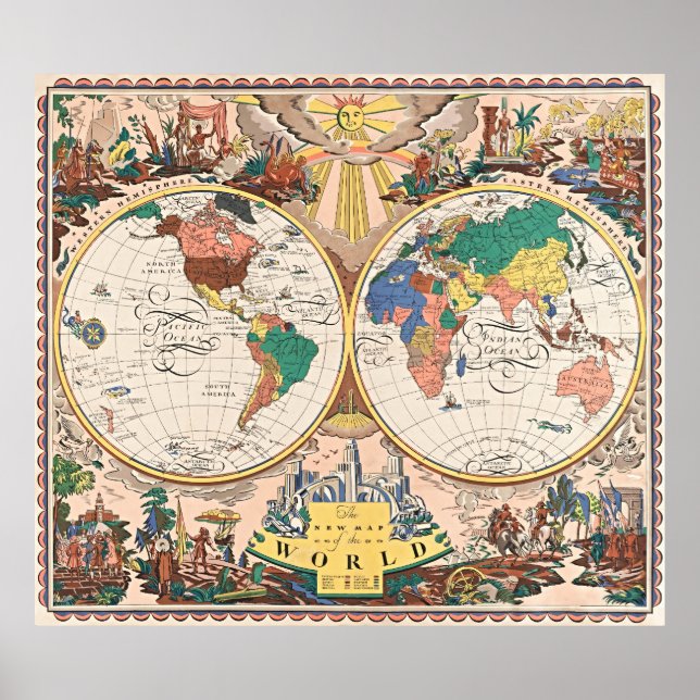 Póster del mapa mundial retro Art Déco (Frente)