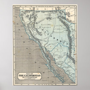 Póster del mapa vintage de California de 1845