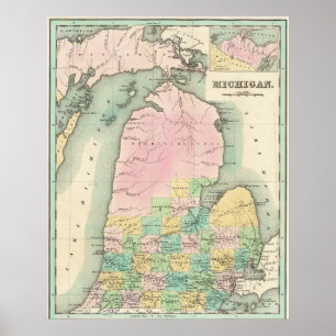 Póster del mapa vintage del lago Michigan 1838