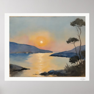 Póster del paisaje de la bahía al atardecer