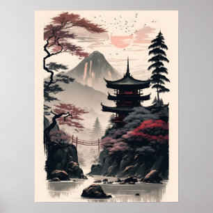 Póster del paisaje de un templo japonés – Montaña