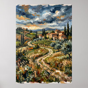 Póster del paisaje del pueblo de las colinas tosca