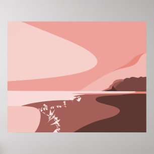 Poster del paisaje marino de arte digital rosa fem