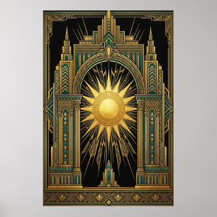 Póster del Portal Solar Celestial Deco   Gato Teal