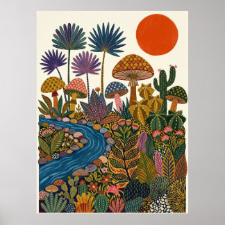 Póster del río cactus hongo arte popular del desie