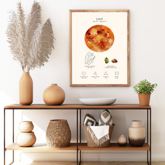 Póster del signo zodiacal Leo con piedra de nacimi