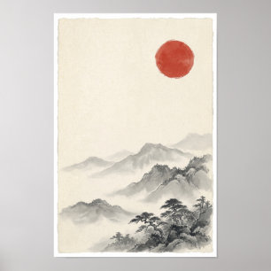 Póster del Sol Rojo sobre Montañas Brumosas Míni