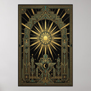 Póster del Sol y la Luna Celestiales Art Déco   Ge