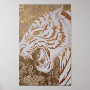 Póster del tigre blanco rugiente – Diseño dorado o