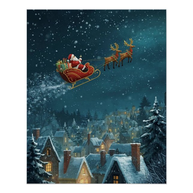 Póster del trineo de Santa sobre la ciudad (Anverso)