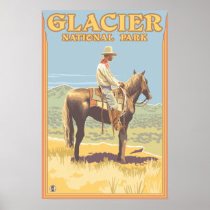 Póster Del vaquero Parque Nacional Glacier a caballo -,