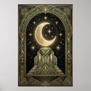 Póster del Ziggurat Celestial Art Déco de la Luna 