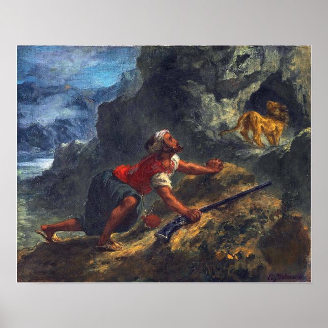 Póster Delacroix - Árabe Acechando a un León (Frente)