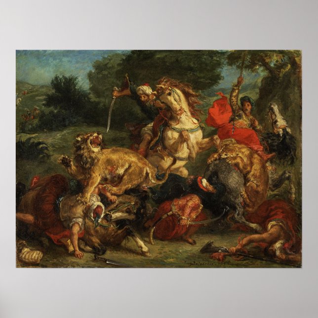 Póster Delacroix - Caza de leones 1855 (Frente)