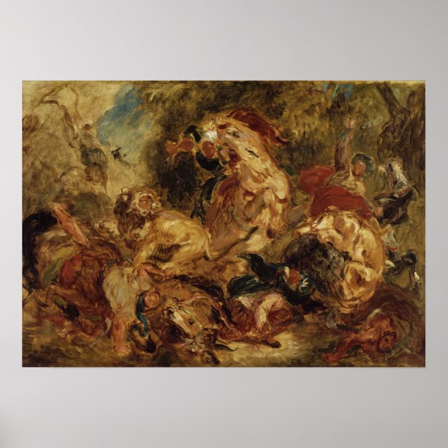 Póster Delacroix - La cacería de leones (Frente)