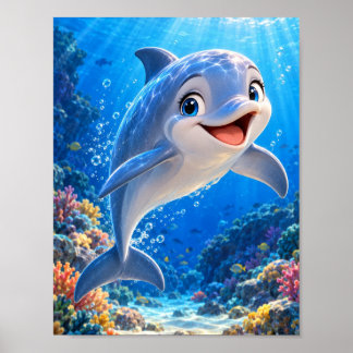 Póster Delfín Alegre Bajo el Mar - Coral Oceánico Vibrant