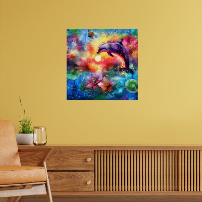 Póster Delfín caprichoso Costero Nautical Floral Verde az (Salón 2)