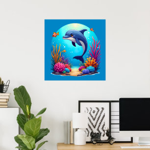 Póster Delfín Caprichoso en Vibrante Arrecife de Coral