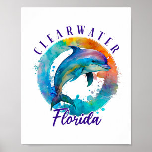 Póster Delfín de acuarela feliz de Clearwater Florida